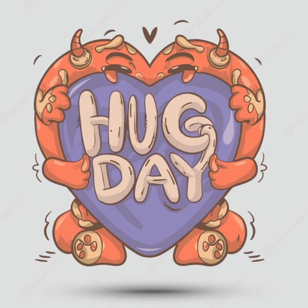 Ilustrasi animasi menggemaskan dengan monster berwarna oranye memeluk hati ungu bertulisan "HUG DAY" untuk merayakan kehangatan dan cinta.