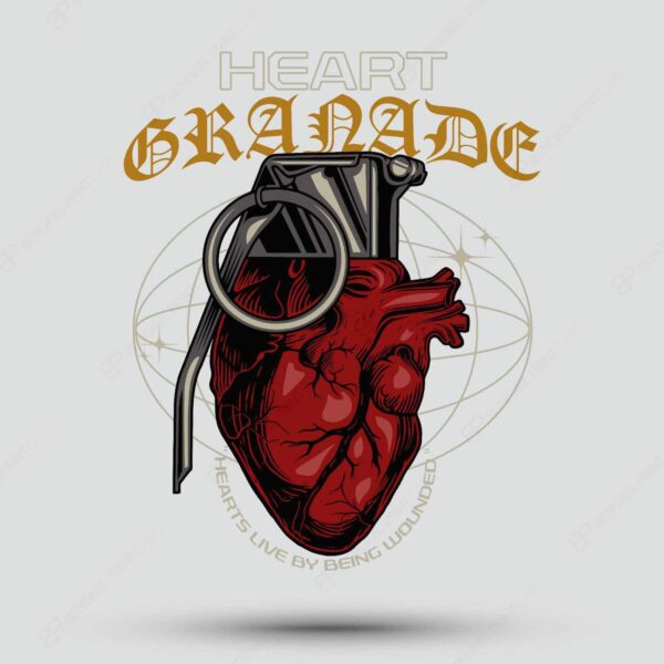 Ilustrasi konseptual ini menampilkan jantung manusia dengan granat yang melambangkan kerentanan dan kekuatan emosional.