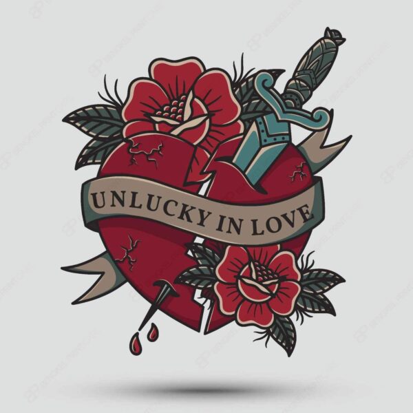 Desain bergaya klasik dengan hati, pedang, dan bunga merah serta pita bertuliskan "UNLUCKY IN LOVE", simbol cinta yang luka.